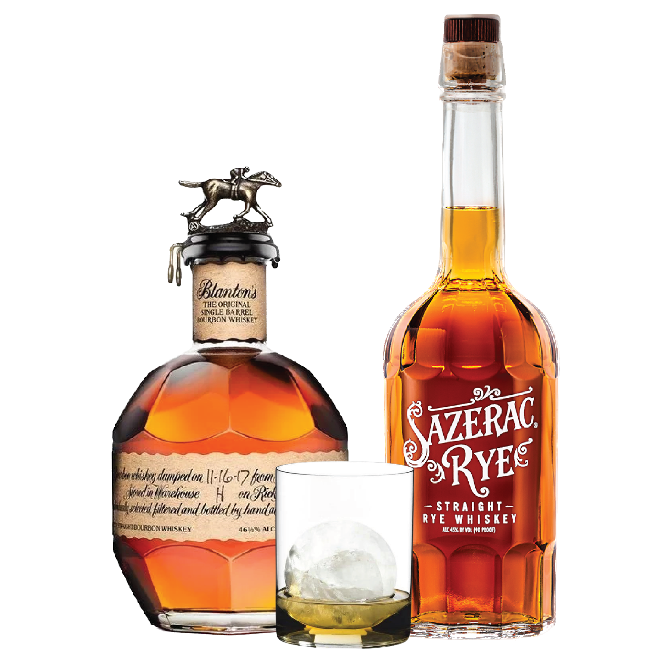 Blanton's Single Barrel Bourbon, Sazerac Rye Whiskey, Clear Whisky Tumbler Package - Liquor Bar Delivery