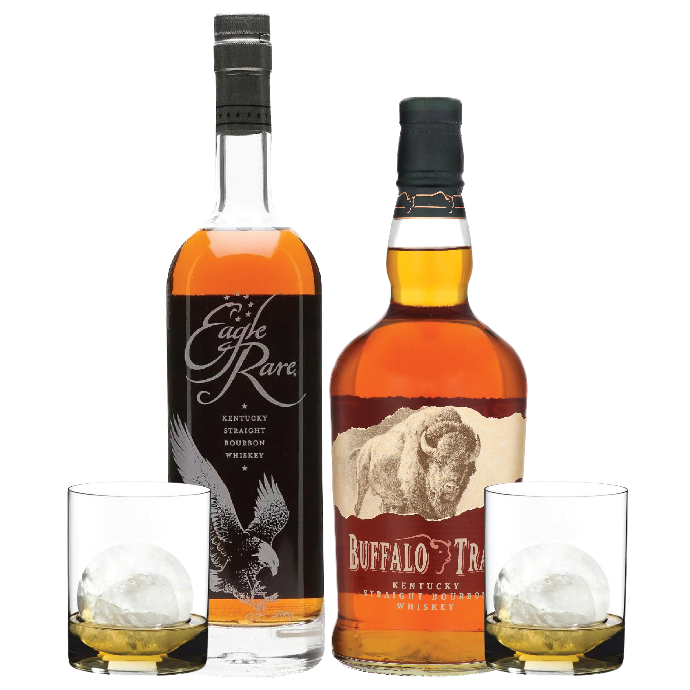 One Eagle Rare, one Buffalo Trace, and two Whiskey Tumblers - Liquor Bar Delivery