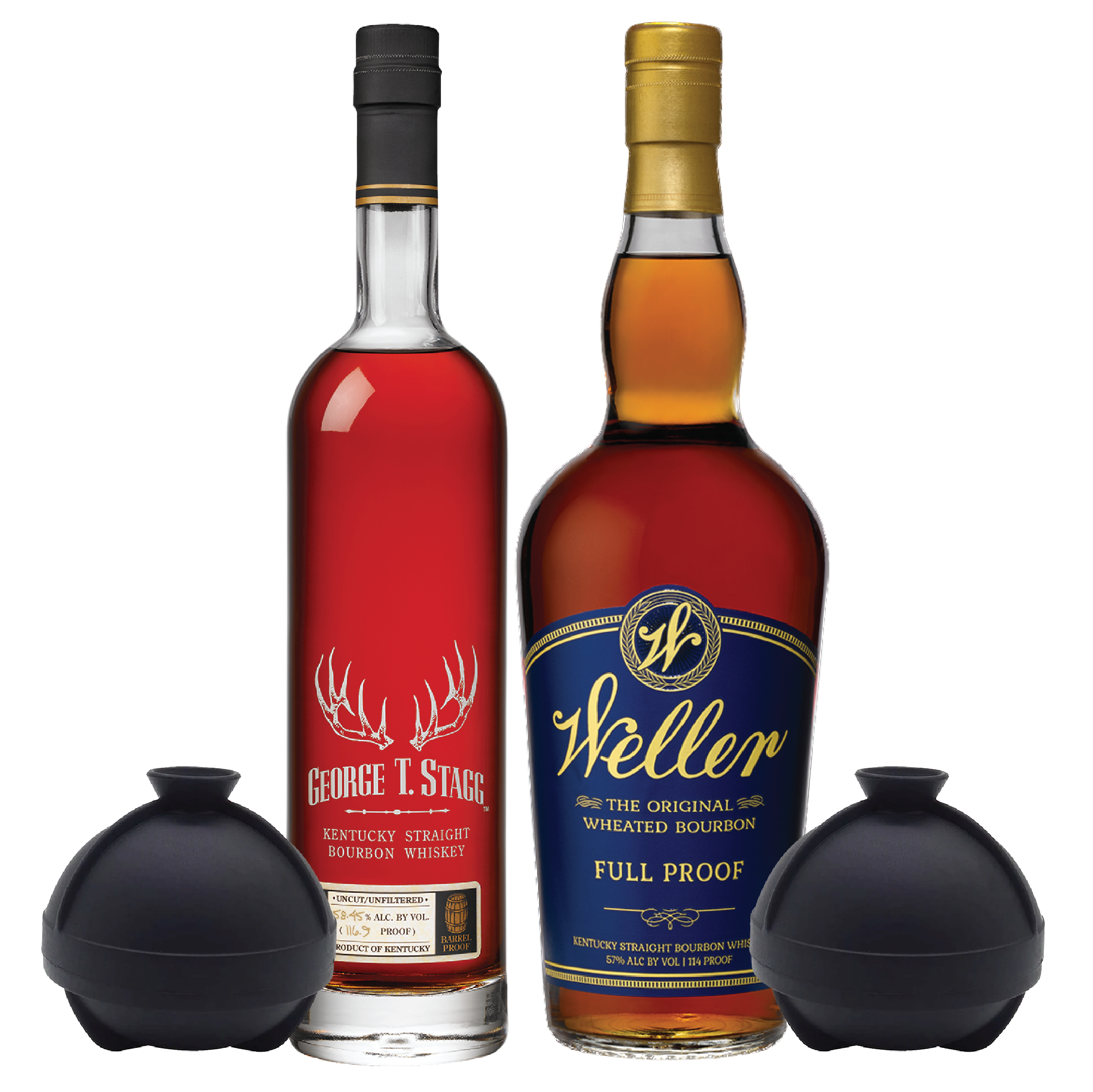 George T. Stagg Bourbon, W.L. Weller Full Proof Bourbon and 2 Sphere Ice Ball Mold Package - Liquor Bar Delivery