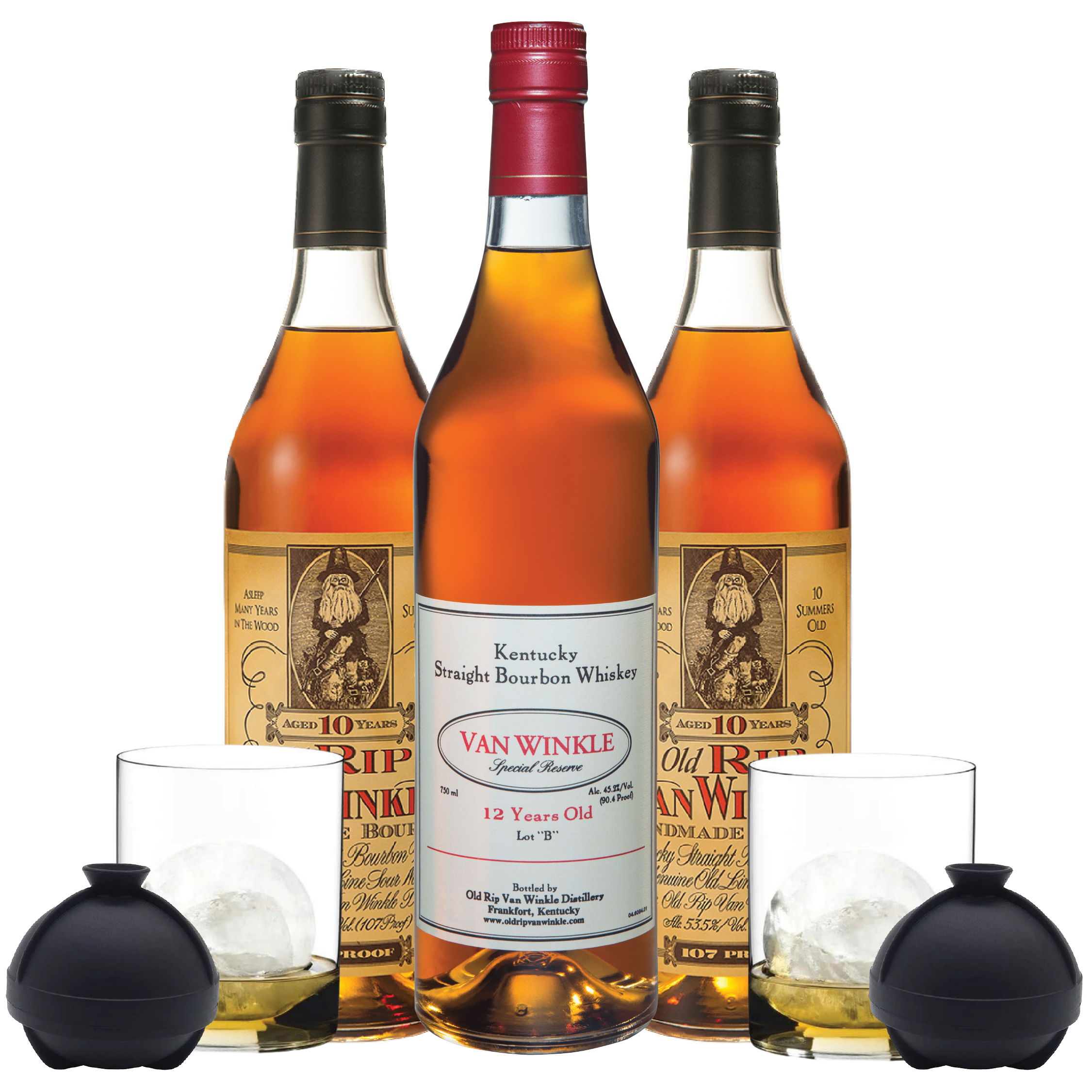 Two Pappy Van Winkle’s 10, one 12 Year Old Package, two whiskey tumblers, and two ice molds - Liquor Bar Delivery