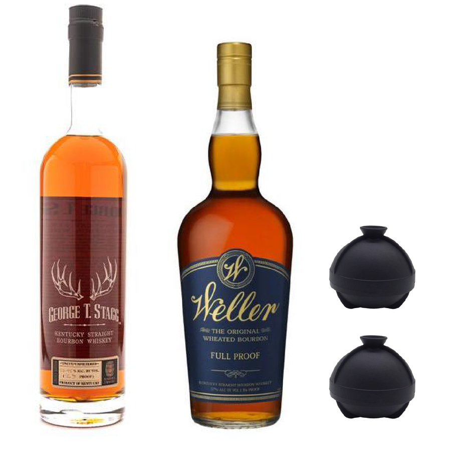 George T. Stagg Bourbon, W.L. Weller Full Proof Bourbon and 2 Sphere Ice Ball Mold Package - Liquor Bar Delivery